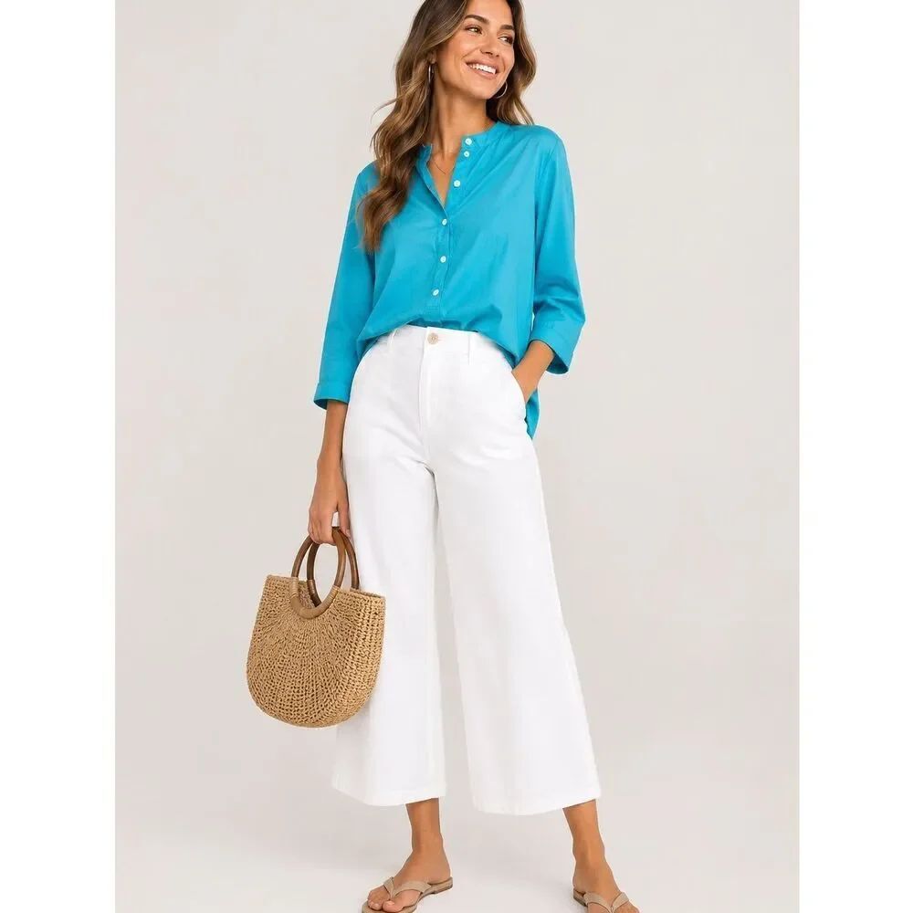 NWT Madison Mathews Turquoise Cotton Poplin Tunic Top Oversized XS